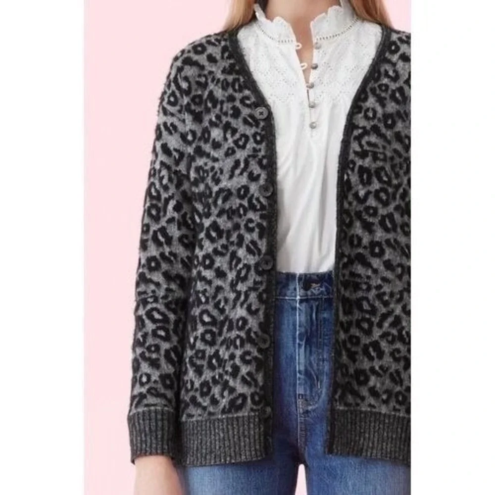 La Vie Rebecca Taylor Leopard Print Cardigan Grey Black Jacquard Sweater NWT S
